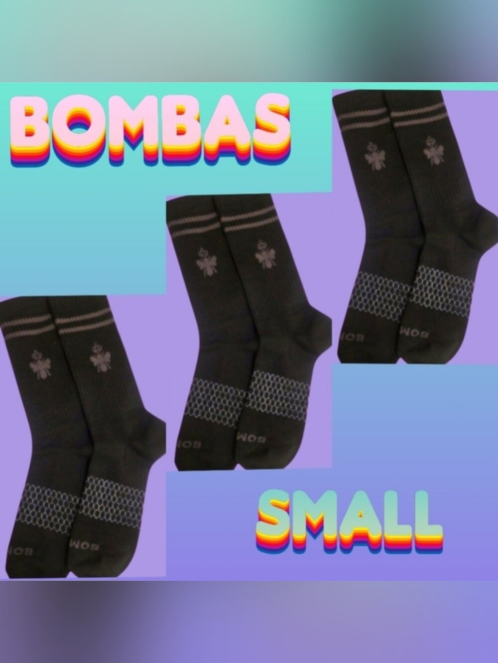 Bombas Crew Calf Socks Small Black~Grey Honeycomb Brand New With Tags 3 Pair